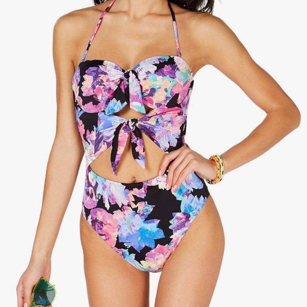 Bar III Woman Floral Tie Front Cut Out One Piece Swimsuit, Multicolor, Size M